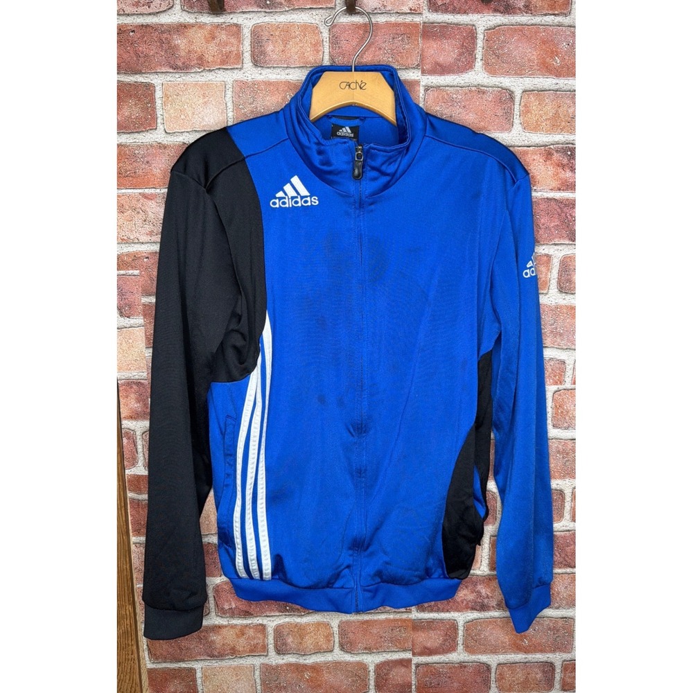 Adidas Track Jacket Mens Large Blue Black Full Zip 3 Stripe Soccer Sportswear